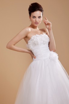Yarn and Satin Strapless Tea-Length A-line Dress with Embroidery