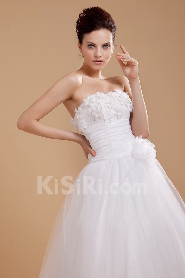 Yarn and Satin Strapless Tea-Length A-line Dress with Embroidery