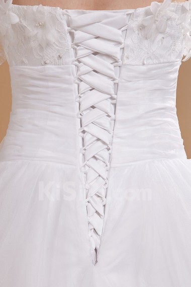 Yarn and Satin Strapless Tea-Length A-line Dress with Embroidery