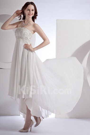 Chiffon and Satin Strapless Ankle-length Column Dress with Embroidery and Ruffle