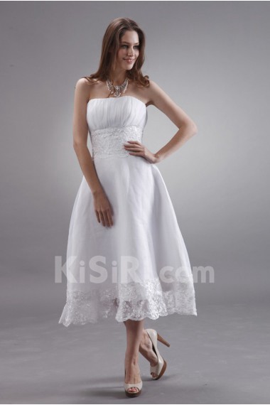 Chiffon Strapless Tea-Length A-line Dress with Embroidery