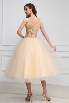 Taffeta and Yarn V-Neckline Tea-Length Ball Gown with Embroidery 