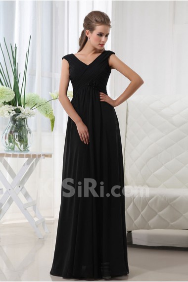 Chiffon V-Neckline Floor Length A-line Dress with Hand-made Flower