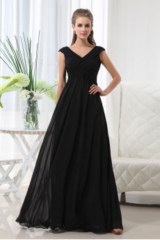 Chiffon V-Neckline Floor Length A-line Dress with Hand-made Flower
