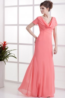 Chiffon V-Neckline Floor Length Column Dress with Short Sleeves