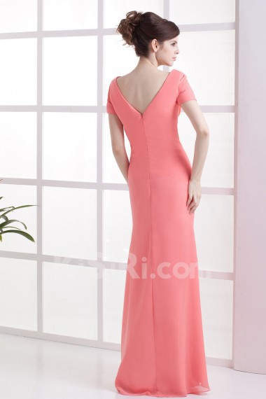 Chiffon V-Neckline Floor Length Column Dress with Short Sleeves