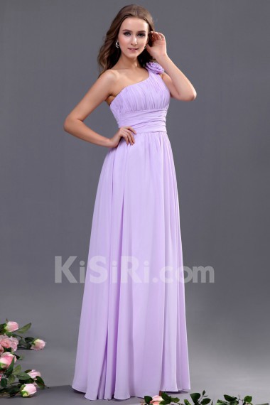 Chiffon One-Shoulder Floor Length A-line Dress with Hand-made Flower