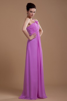 Chiffon One-Shoulder Floor Length Empire Dress with Ruffle and Flower
