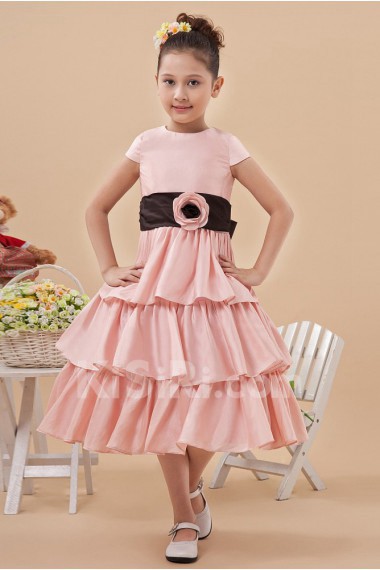 Satin Jewel Neckline Short Princess Dress with Hand-made Flower and Cap-Sleeves
