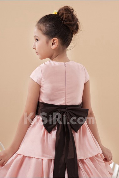 Satin Jewel Neckline Short Princess Dress with Hand-made Flower and Cap-Sleeves