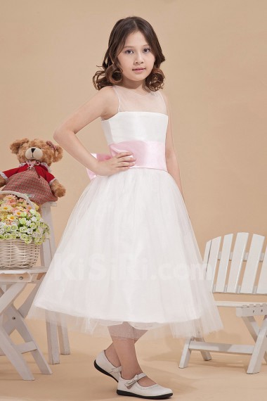 Organza and Satin Bateau Neckline Tea-Length A-line Dress with Bow