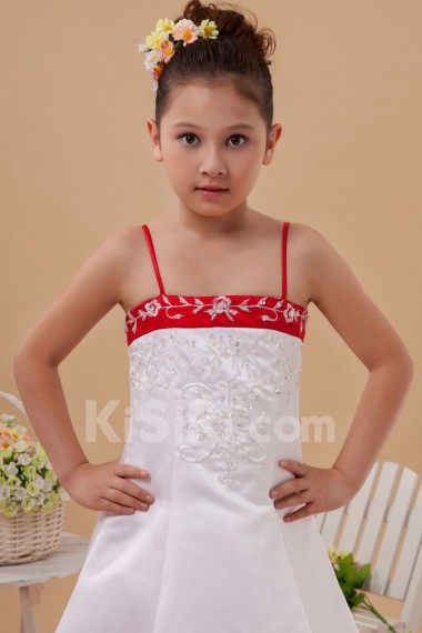Satin Spaghetti Straps Ankle-Length A-line Dress with Embroidery 