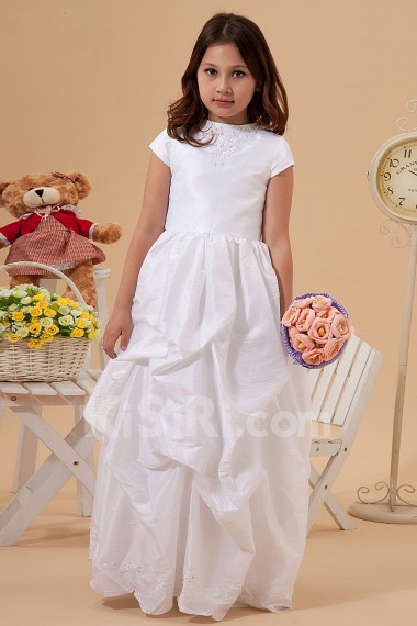 Taffeta Bateau Neckline Floor Length Beach Dress with Embroidery and Cap-Sleeves