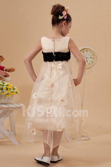 Organza and Satin Jewel Neckline Tea-length A-line Dress with Embroidery 