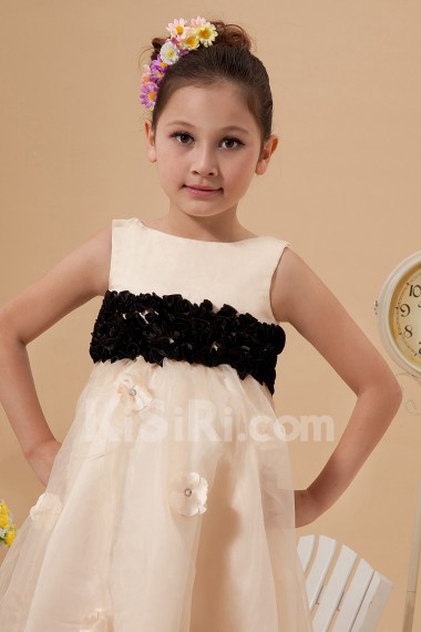 Organza and Satin Jewel Neckline Tea-length A-line Dress with Embroidery 