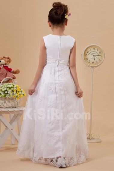 Satin and Lace Jewel Neckline Floor Length A-line Dress with Ruffle