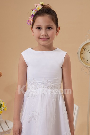 Satin and Lace Jewel Neckline Floor Length A-line Dress with Ruffle