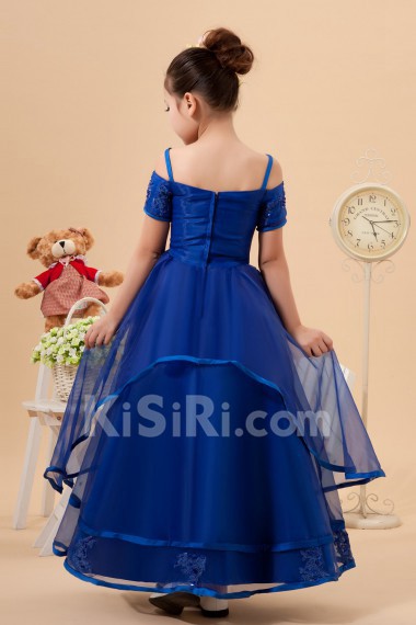 Organza Straps Neckline Ankle-Length A-line Dress with Embroidery and Short Sleeves