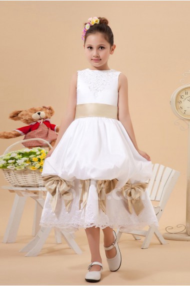Satin and Lace Jewel Neckline Tea-Length A-Line Dress with Bow