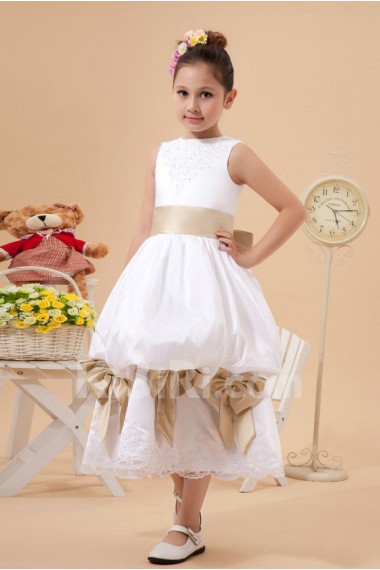 Satin and Lace Jewel Neckline Tea-Length A-Line Dress with Bow