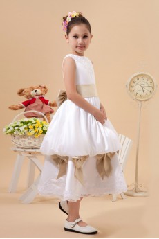 Satin and Lace Jewel Neckline Tea-Length A-Line Dress with Bow