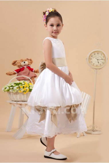 Satin and Lace Jewel Neckline Tea-Length A-Line Dress with Bow