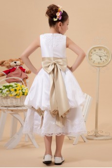 Satin and Lace Jewel Neckline Tea-Length A-Line Dress with Bow