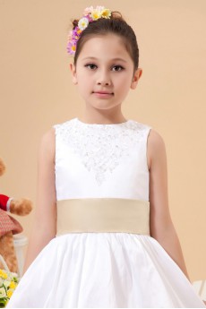 Satin and Lace Jewel Neckline Tea-Length A-Line Dress with Bow