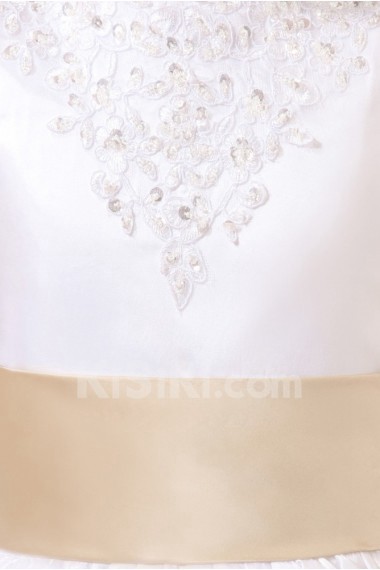 Satin and Lace Jewel Neckline Tea-Length A-Line Dress with Bow
