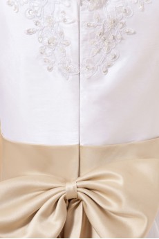 Satin and Lace Jewel Neckline Tea-Length A-Line Dress with Bow