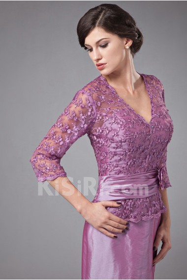 Taffeta and Lace V-Neckline Floor Length A-line Dress with Three-quarter Sleeves