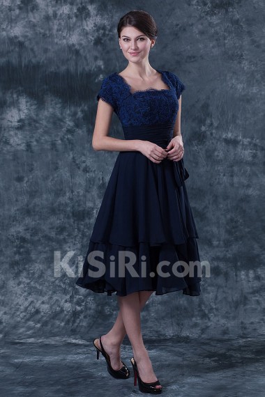 Chiffon and Lace Square Neckline Short Dress with Cap-Sleeves
