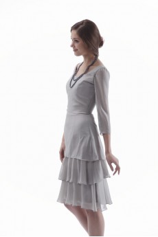 Chiffon Scoop Neckline Short A-line Dress with Three-quarter Sleeves