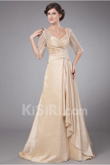 Taffeta Queen Anne Neckline A-line Dress with Embroidery and Ruffle