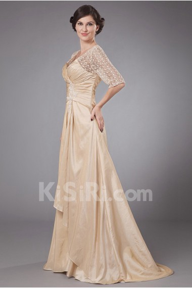 Taffeta Queen Anne Neckline A-line Dress with Embroidery and Ruffle