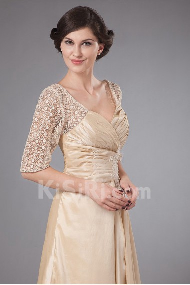Taffeta Queen Anne Neckline A-line Dress with Embroidery and Ruffle