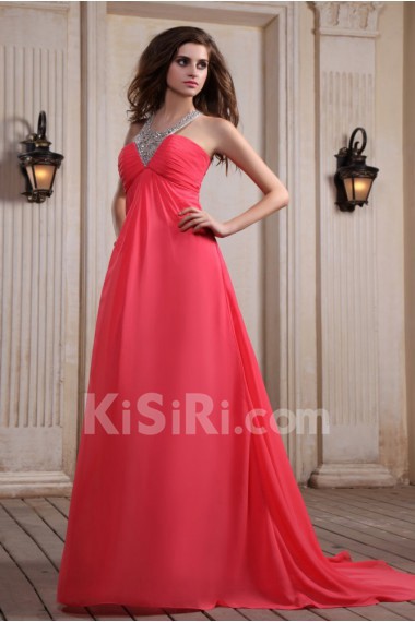 Chiffon Halter Neckline Column Dress with Beaded