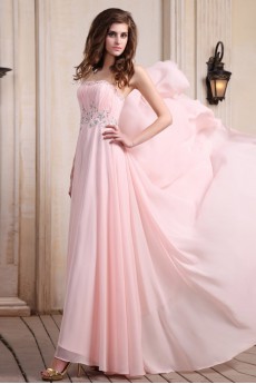 Chiffon Scoop Neckline Floor Length Column Dress with Beaded and Ruffle