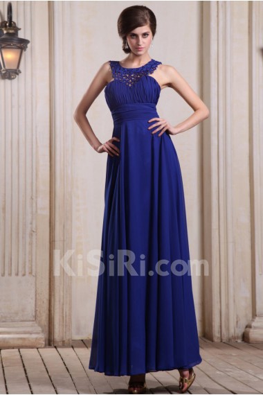 Chiffon Bateau Neckline Floor Length Column Dress with Beaded and Ruffle