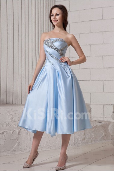 Satin Strapless Tea-Length A-Line Dress with Ruffle