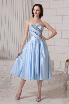 Satin Strapless Tea-Length A-Line Dress with Ruffle