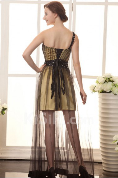 Satin and Grenadine One-Shoulder Floor Length A-Line Dress