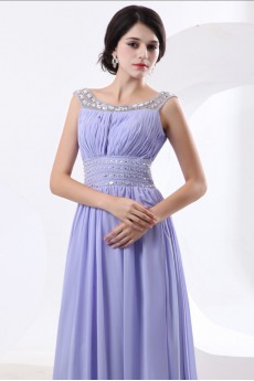Chiffon and Satin Bateau Neckline Floor Length A-Line Dress with Beaded