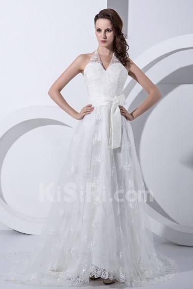 Satin and Lace V-Neckline A-Line Dress