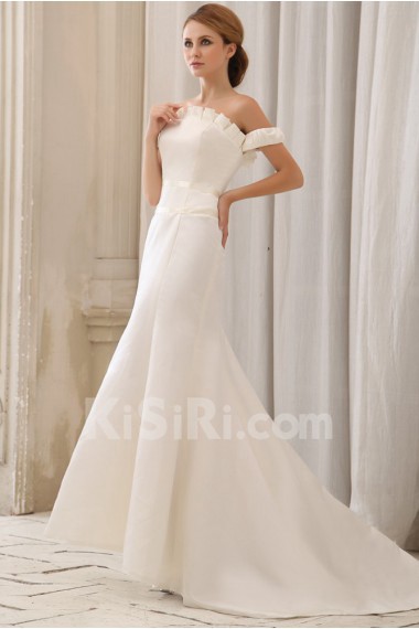 Satin Off-the-Shoudler Sheath Dress with Pleated