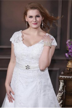 Yarn Embroidered Beading V-Neck Floor Length Plus Size Gown