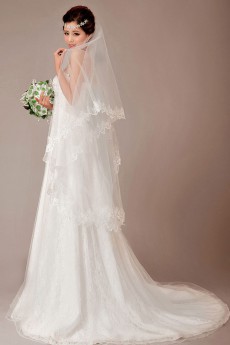 Satin and Lace Strapless Chapel Train A-Line Dress with Crystals