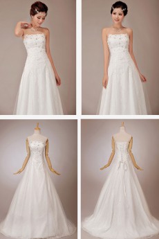Satin and Lace Strapless Chapel Train A-Line Dress with Crystals