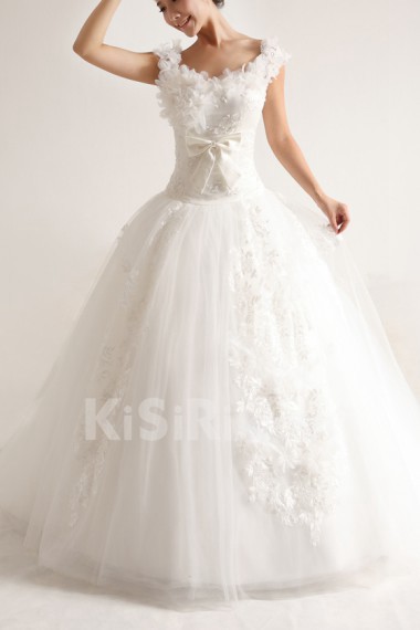 Organza Scoop Neckline Cathedral Train Ball Gown with Pearls