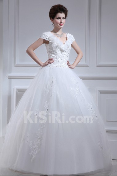 Organza V-neck Floor Length Ball Gown with Pearls